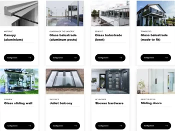 Onlevel-Konfigurator der Glasgruppe: Screenshots der Tools für Ganzglasgeländer, Glasvordächer und französische Balkone.
