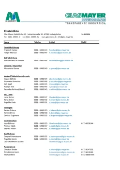 Gut vernetzt: Unsere neue Mitarbeiter-Kontaktliste ist da! 1 Kontaktliste Glas Mayer Ludwigshafen 2026 mit Ansprechpartnern, Telefon und E-Mail